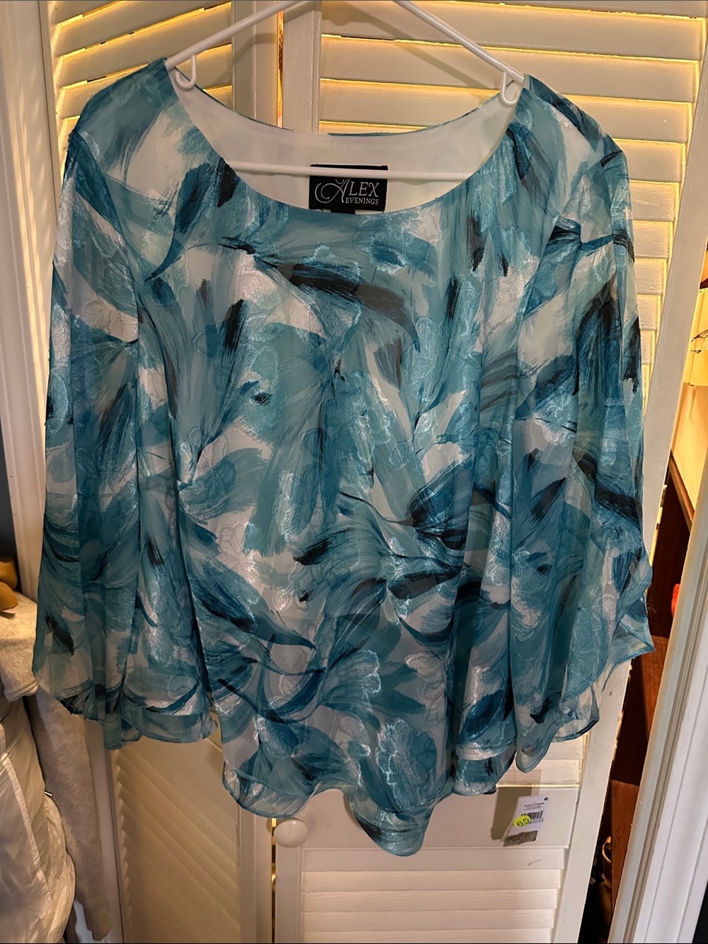 Alex Evenings Teal and White Abstract Chiffon Blouse